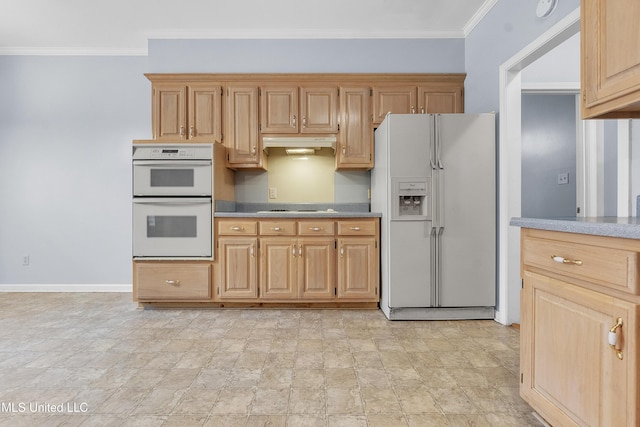 700 Martin Luther King Jr Dr, Holly Springs, MS 38635 - kitchen with white appliances, under cabinet range hood, baseboards, stone finish floors, and light countertops