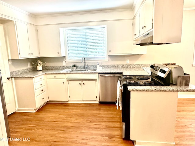 kitchen with sink, stainless steel appliances, white cabinetry, and light hardwood / wood-style flooring