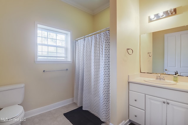 bathroom featuring tile patterned floors, toilet, vanity, crown molding, and a shower with shower curtain