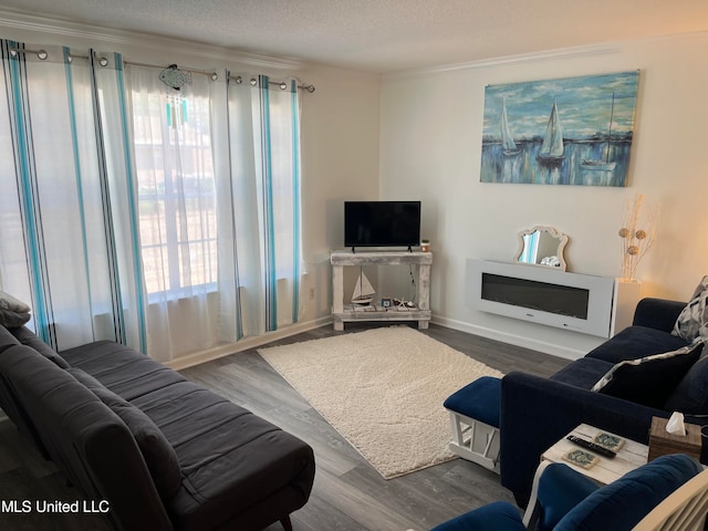 living room featuring dark hardwood / wood-style floors, a textured ceiling, and heating unit