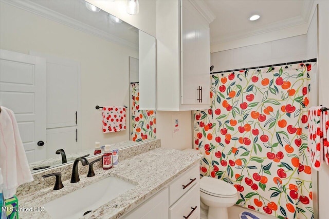 1622 Old Lake Rd, Brandon, MS 39042 - bathroom featuring ornamental molding, vanity, toilet, recessed lighting, and a shower with shower curtain