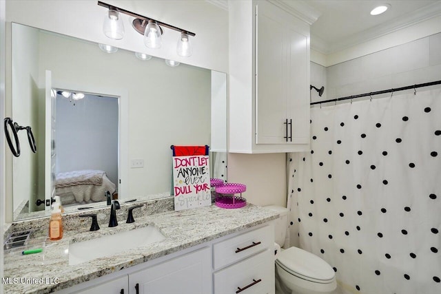 1622 Old Lake Rd, Brandon, MS 39042 - full bathroom featuring vanity, toilet, a shower with shower curtain, and ornamental molding