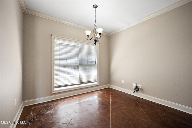 unfurnished room featuring ornamental molding, a chandelier, and a healthy amount of sunlight