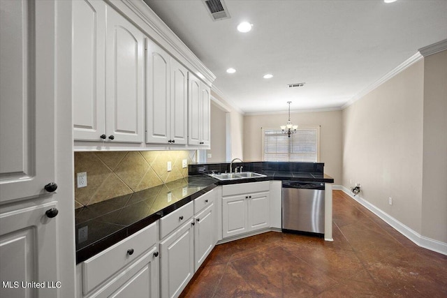 kitchen with stainless steel dishwasher, sink, white cabinets, and a chandelier