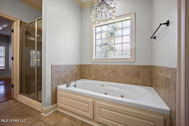 bathroom with crown molding, tile patterned floors, and plus walk in shower