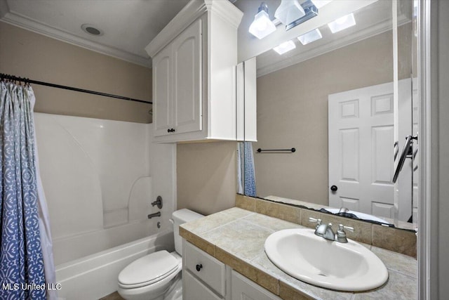 full bathroom featuring vanity, shower / bath combination with curtain, ornamental molding, and toilet