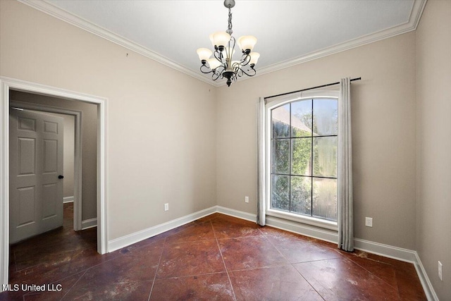 tiled empty room featuring ornamental molding and a notable chandelier