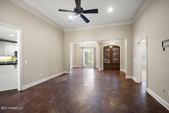 entrance foyer featuring crown molding and ceiling fan with notable chandelier