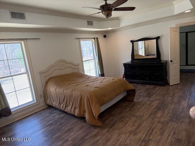 bedroom featuring multiple windows, a raised ceiling, dark wood finished floors, and crown molding