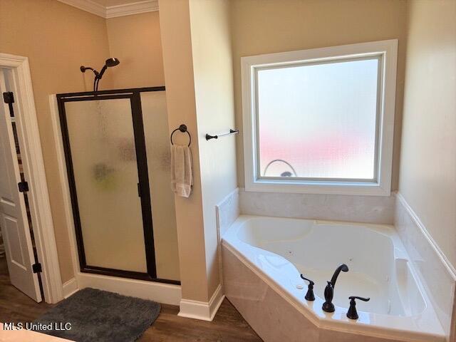 bathroom with a garden tub, crown molding, and a shower stall