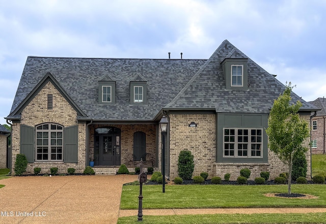 view of front of property featuring a front lawn, brick siding, and a shingled roof