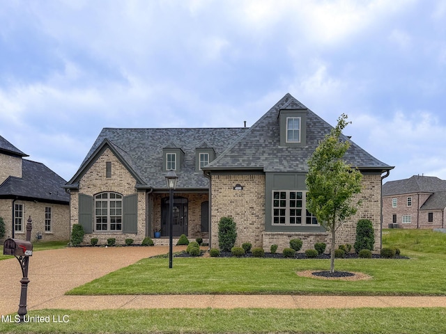 french provincial home featuring a front lawn, brick siding, and a shingled roof