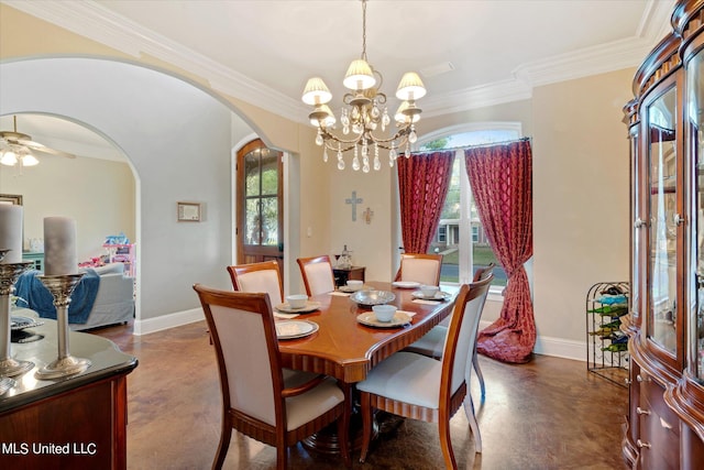 dining room with crown molding and ceiling fan with notable chandelier