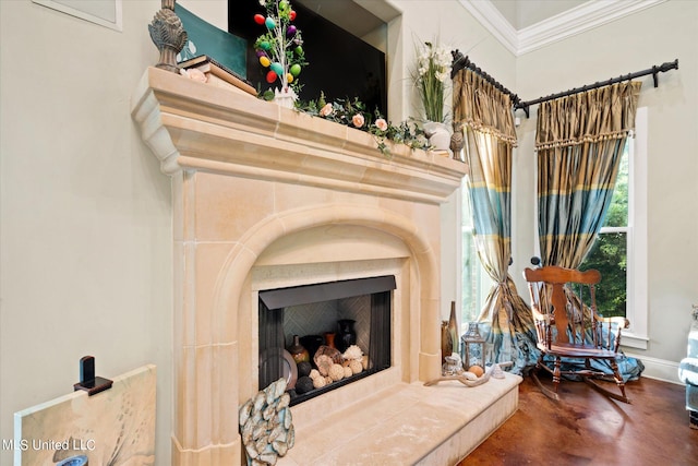 room details featuring ornamental molding, concrete flooring, and a fireplace