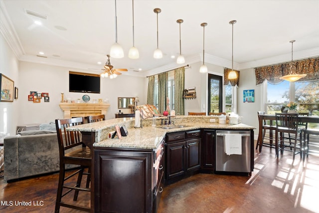 kitchen with a large island with sink, hanging light fixtures, dark brown cabinetry, stainless steel dishwasher, and ornamental molding