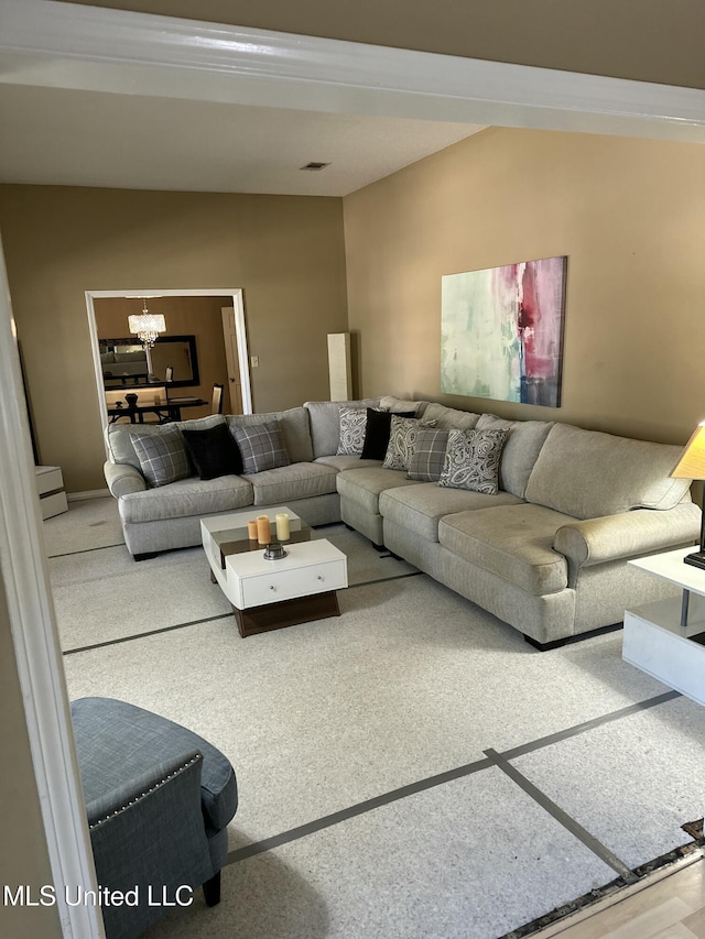 living room featuring a chandelier