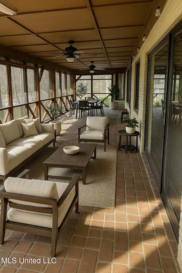 1609 SW Linda Dr, Clinton, MS 39056 - sunroom with an outdoor hangout area, ceiling fan, and outdoor dining area