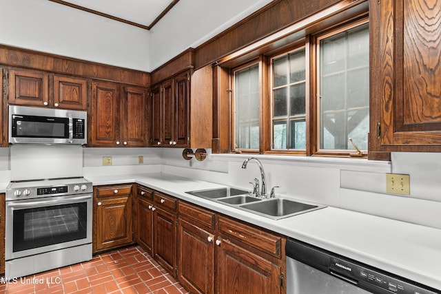 kitchen with dark brown cabinetry, appliances with stainless steel finishes, sink, and ornamental molding