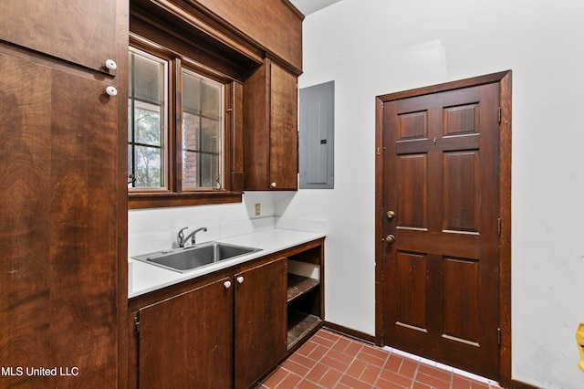 kitchen with sink, electric panel, and dark brown cabinets