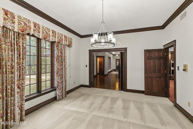 1609 SW Linda Dr, Clinton, MS 39056 - unfurnished dining area featuring baseboards, a chandelier, carpet flooring, ornamental molding, and plenty of natural light