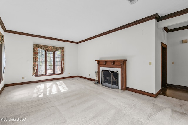 unfurnished living room with light carpet and crown molding