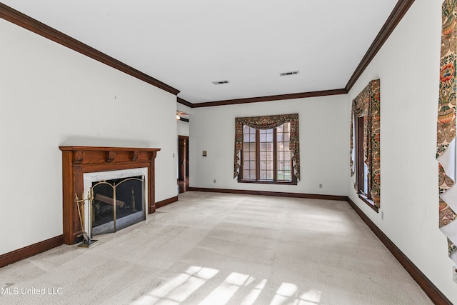 unfurnished living room with crown molding and light carpet