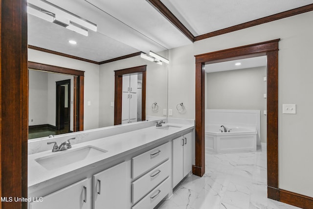 bathroom featuring vanity, ornamental molding, and a bathtub