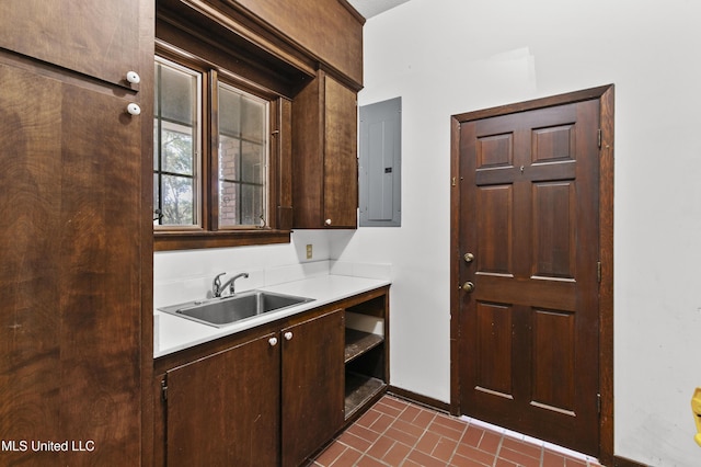 1609 SW Linda Dr, Clinton, MS 39056 - kitchen featuring a sink, electric panel, dark brown cabinetry, and light countertops
