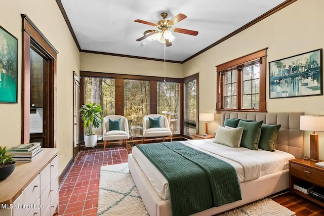 1609 SW Linda Dr, Clinton, MS 39056 - bedroom with multiple windows, ornamental molding, brick patterned floors, and a ceiling fan