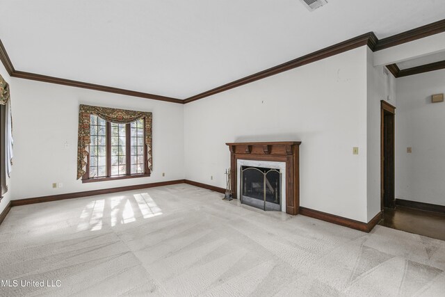 1609 SW Linda Dr, Clinton, MS 39056 - unfurnished living room featuring ornamental molding, light colored carpet, baseboards, and a premium fireplace