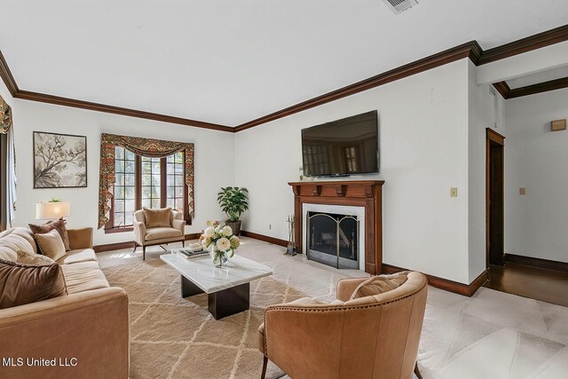 1609 SW Linda Dr, Clinton, MS 39056 - living area with ornamental molding, baseboards, and a fireplace with flush hearth