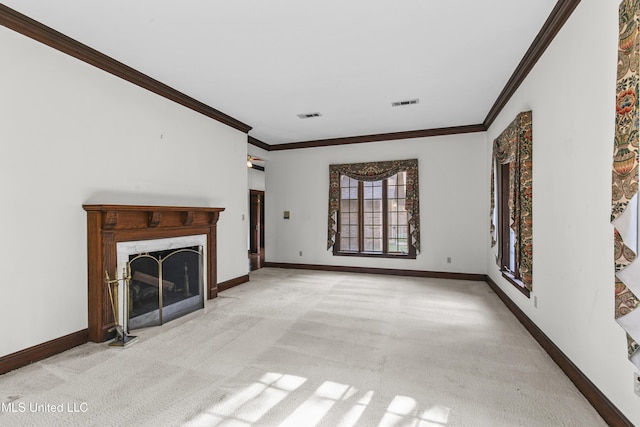 1609 SW Linda Dr, Clinton, MS 39056 - unfurnished living room with ornamental molding, light carpet, baseboards, and a fireplace