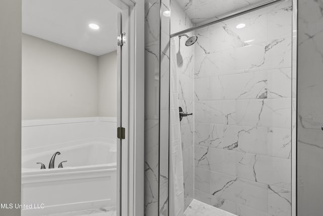 1609 SW Linda Dr, Clinton, MS 39056 - bathroom with a marble finish shower, a bath, marble finish flooring, and recessed lighting