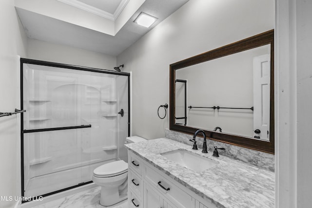 1609 SW Linda Dr, Clinton, MS 39056 - bathroom with marble finish flooring, a shower stall, ornamental molding, toilet, and vanity