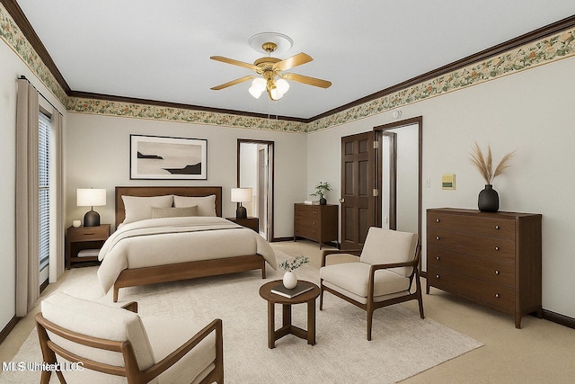 1609 SW Linda Dr, Clinton, MS 39056 - bedroom featuring light colored carpet, baseboards, crown molding, and ceiling fan