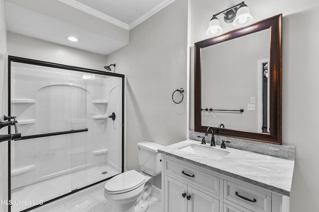 1609 SW Linda Dr, Clinton, MS 39056 - full bath with ornamental molding, a shower stall, vanity, toilet, and marble finish floors