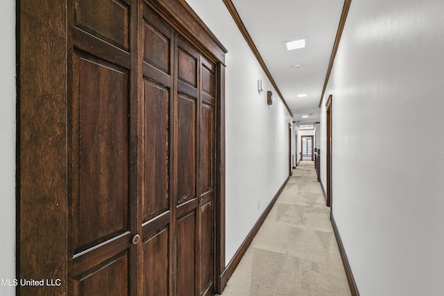 1609 SW Linda Dr, Clinton, MS 39056 - hallway featuring light carpet, baseboards, ornamental molding, and recessed lighting