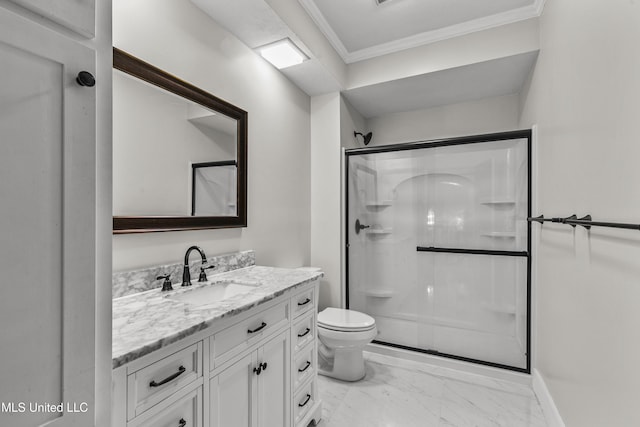1609 SW Linda Dr, Clinton, MS 39056 - full bathroom featuring ornamental molding, a shower stall, toilet, vanity, and marble finish flooring