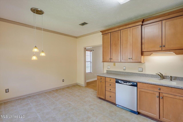 242 Commonwealth Ave, Brandon, MS 39047 - kitchen featuring stainless steel dishwasher, light countertops, ornamental molding, pendant lighting, and a textured ceiling