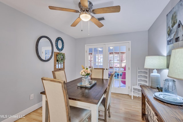 dining area featuring french doors, baseboards, light wood-style floors, visible vents, and a ceiling fan