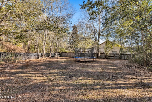 view of yard with a trampoline and a fenced backyard
