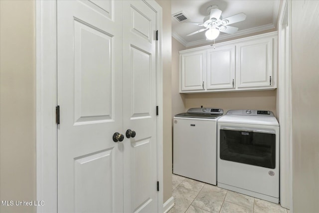 2674 S Slayden Rd, Lamar, MS 38642 - laundry area with crown molding, ceiling fan, cabinets, and independent washer and dryer