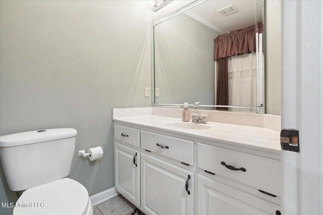 2674 S Slayden Rd, Lamar, MS 38642 - bathroom with vanity, tile patterned floors, toilet, ornamental molding, and a textured ceiling
