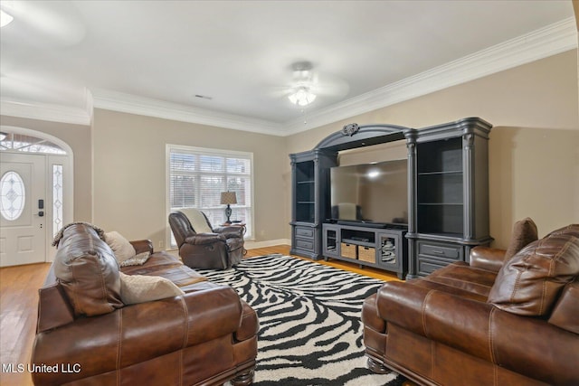 2674 S Slayden Rd, Lamar, MS 38642 - living room featuring wood-type flooring, ceiling fan, and crown molding
