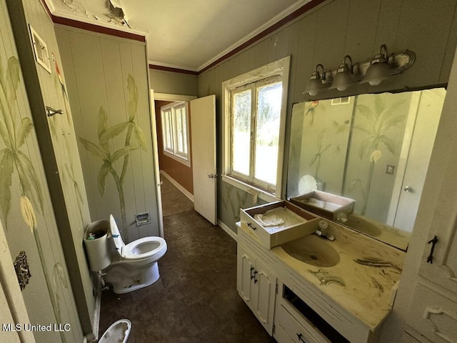 417 Boulevard St, Lexington, MS 39095 - bathroom featuring crown molding, vanity, toilet, and baseboards