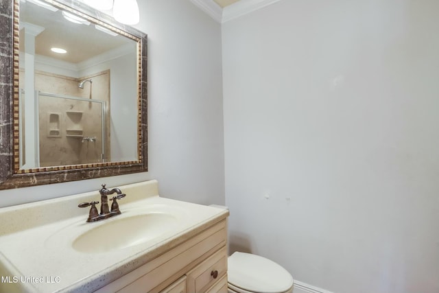 full bath featuring toilet, a shower, crown molding, and vanity