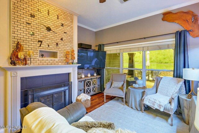 living room featuring ornamental molding, a large fireplace, and wood finished floors