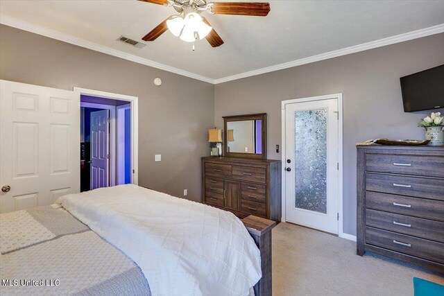 bedroom with light colored carpet, ornamental molding, baseboards, ceiling fan, and access to outside