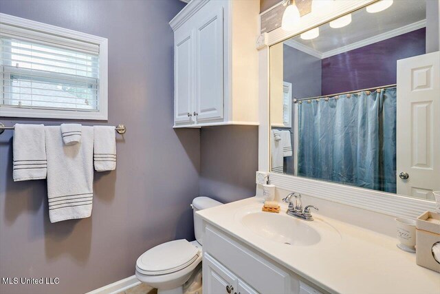 full bathroom with vanity, toilet, crown molding, and curtained shower