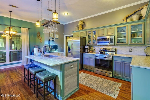 kitchen featuring appliances with stainless steel finishes, a sink, tasteful backsplash, dark wood-type flooring, and a kitchen island with sink